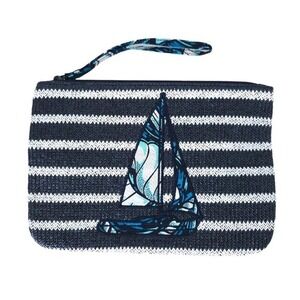 NWOT Vera Bradley Navy Blue Striped Sailboat Shore Enough Straw Wristlet Handbag